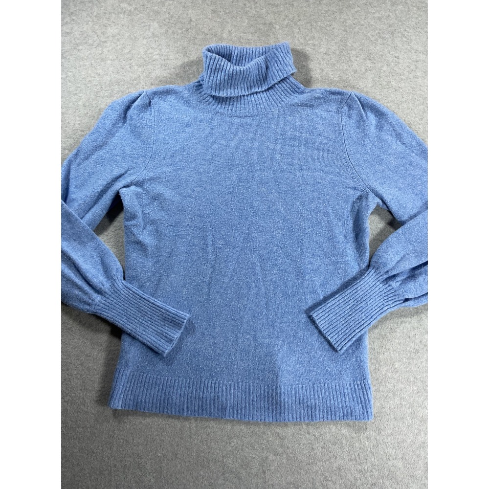 J.Crew Blue Puff Sleeve Turtleneck Sweater Ribbed Knit Wool Blend M 2259